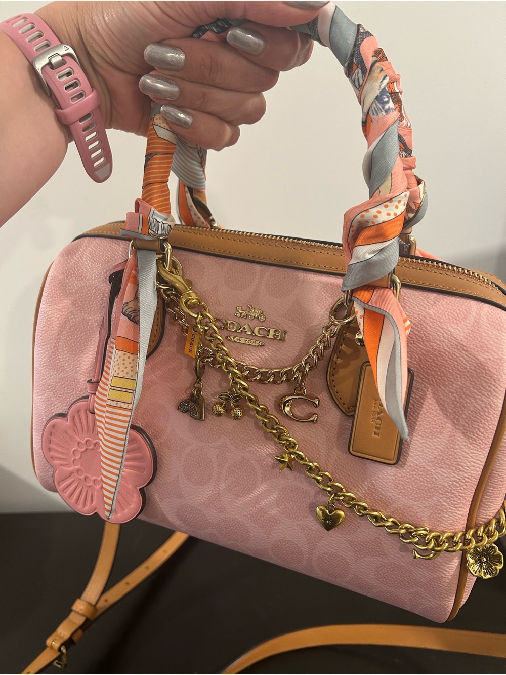 Coach Pink Signature Medium Rowan with Gold Chain Charm and Tearose